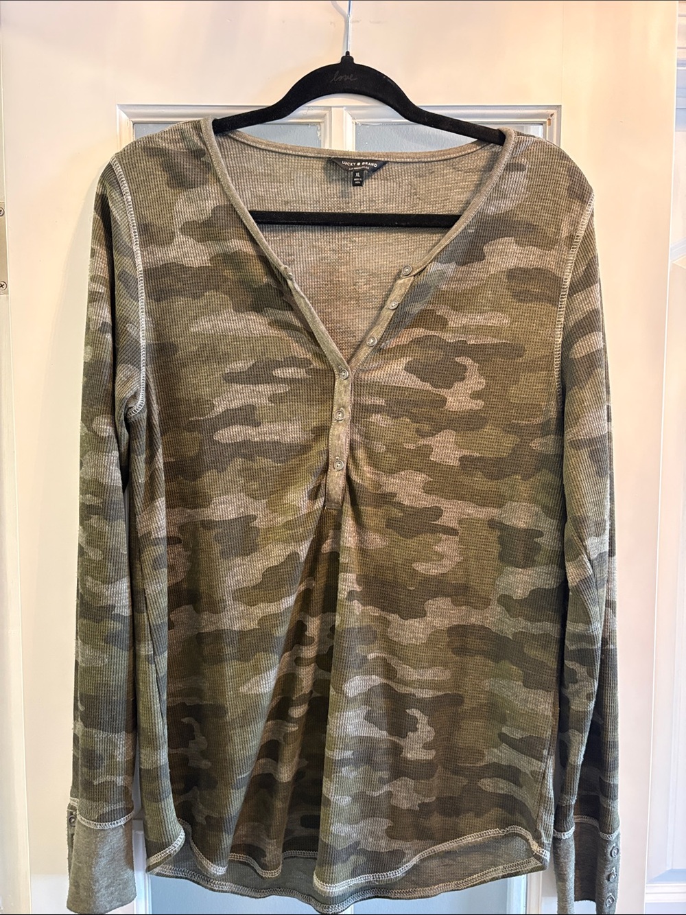 Lucky Brand Olive Camo Henley Long Sleeve Top